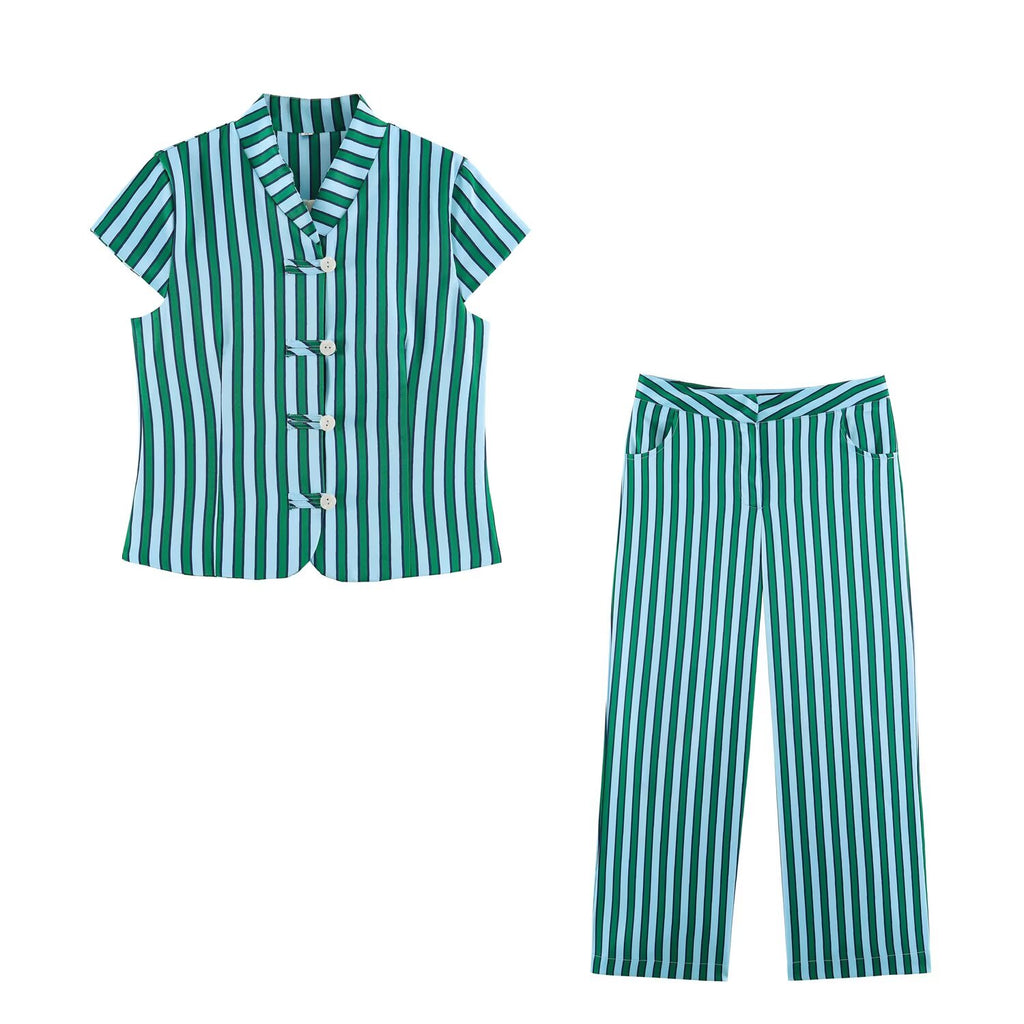 Women's Striped Button-Up Top and Wide-Leg Pants Set