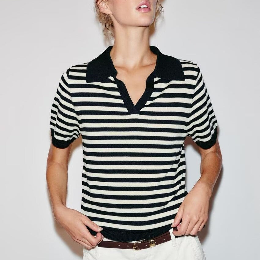 Women's V-Neck Striped Knit Polo Top