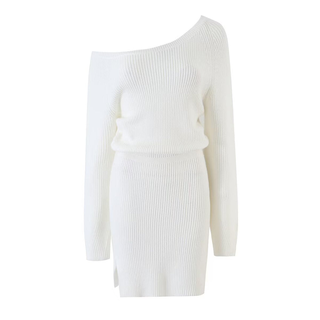 Women's Slant-Shoulder Wool Sheath Dress