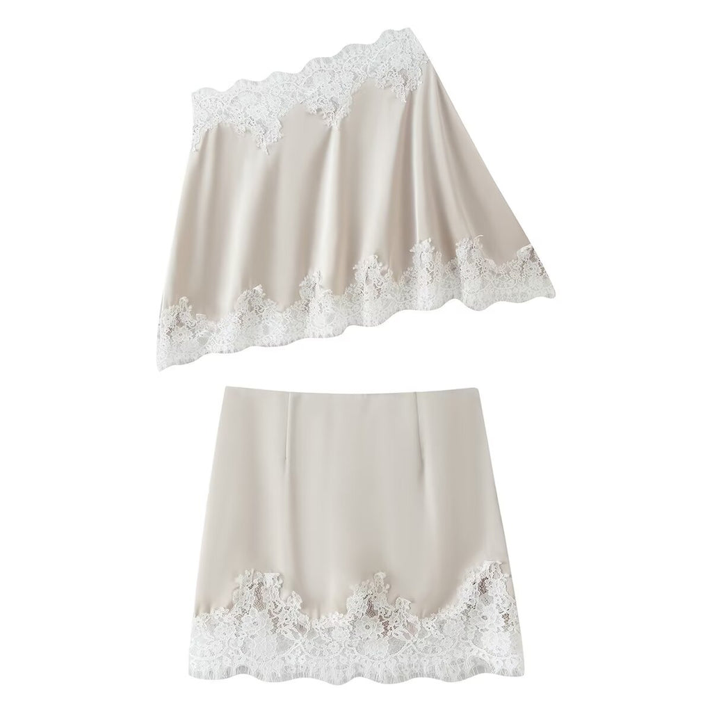 Women's Lace One-Shoulder Top & Mini Skirt Set