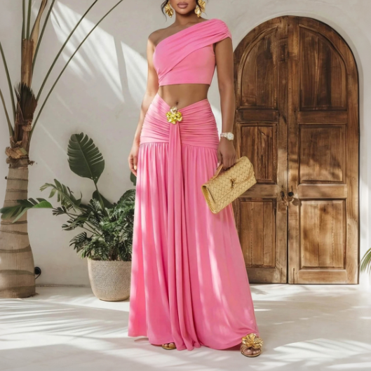 Women's Asymmetric Top And Midi Skirt Set