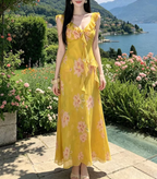 Women's Yellow Ruffle Spaghetti-Strap Vacation Dress