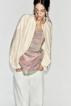 Women's Pleated Stand-Collar Bomber Jacket
