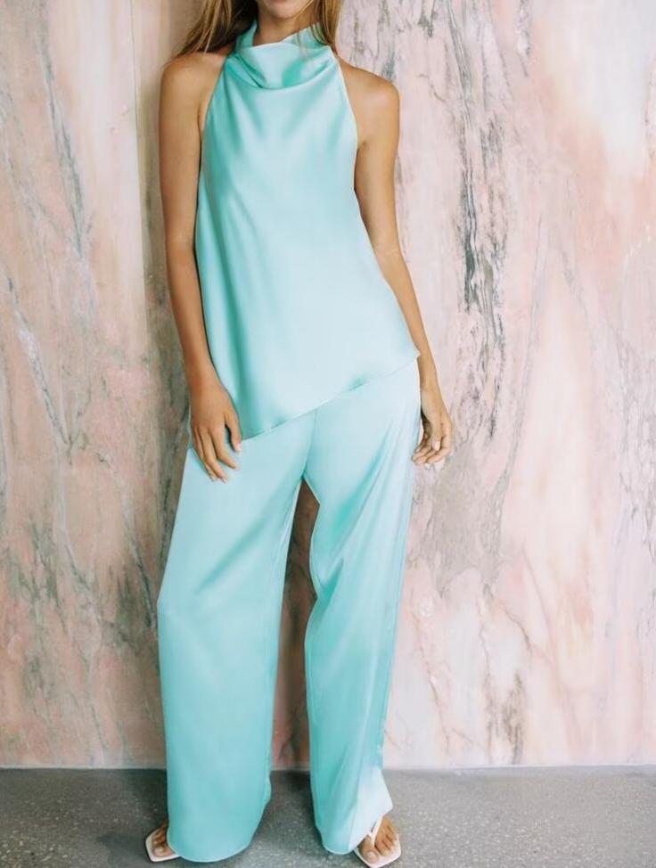Women's Backless Satin Halter Jumpsuit