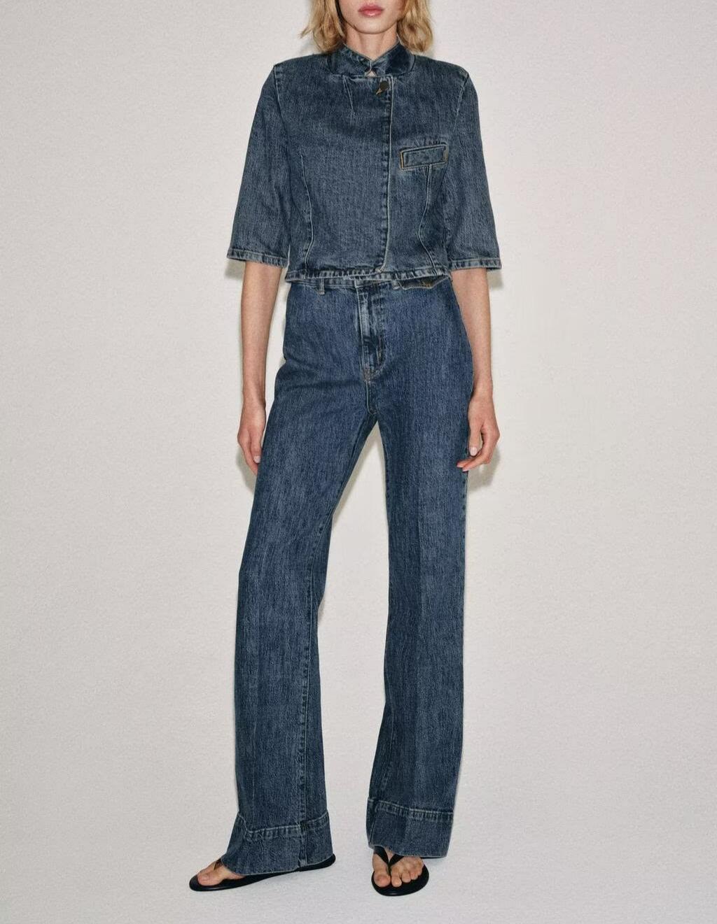 Women's Denim Blazer And Flared Jeans Set