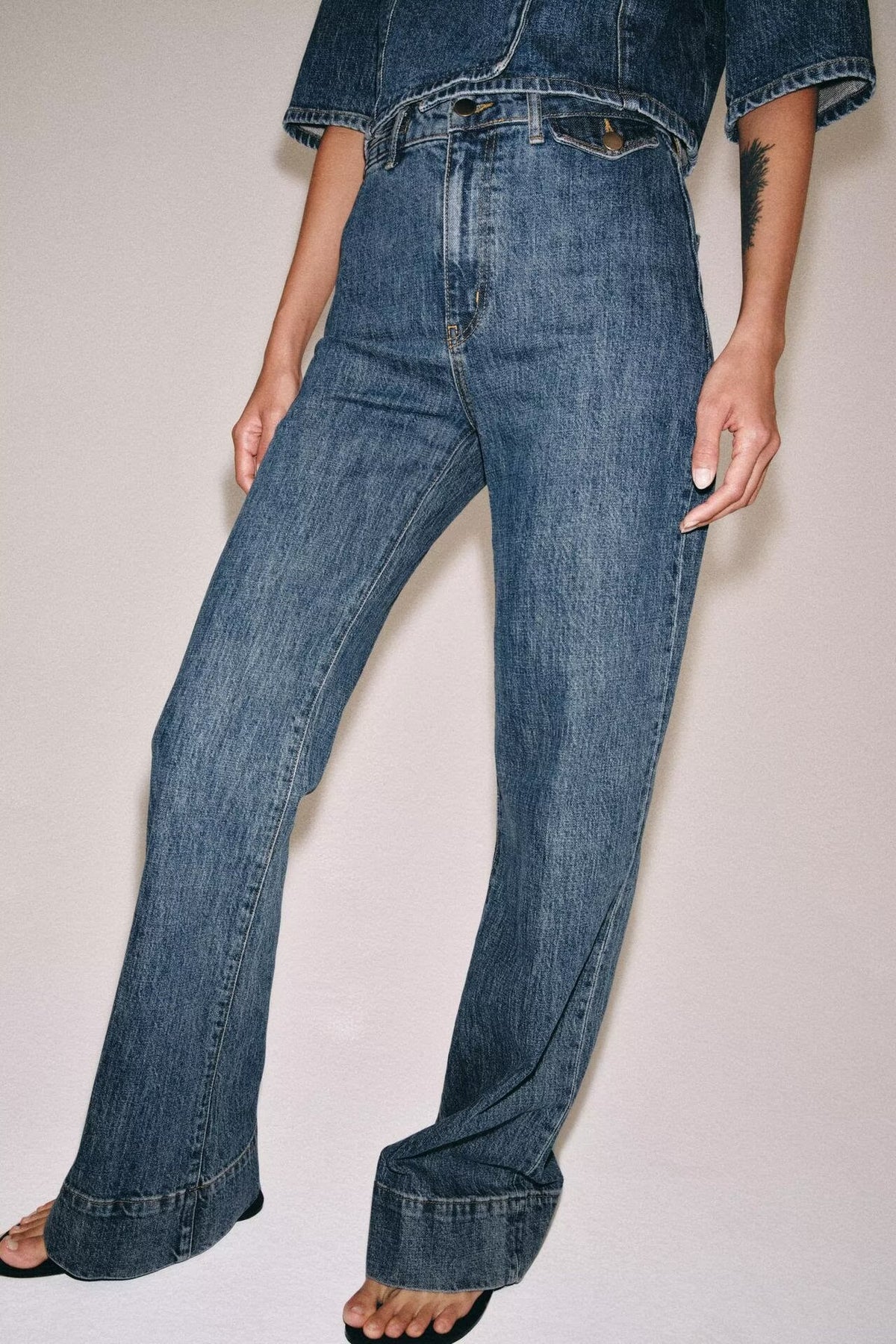 Women's Denim Blazer And Flared Jeans Set