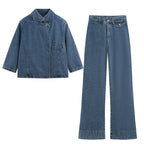 Women's Denim Blazer And Flared Jeans Set