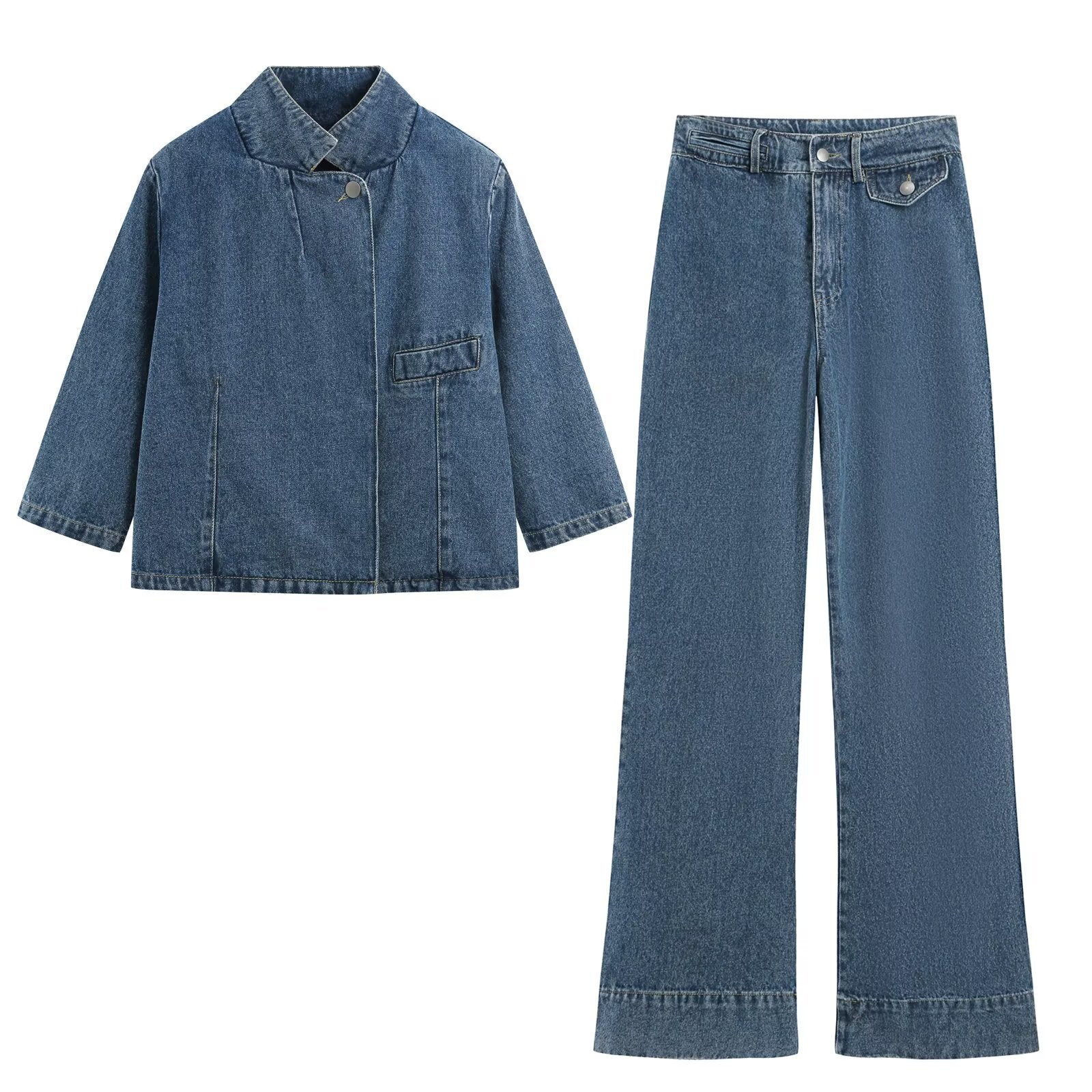 Women's Denim Blazer And Flared Jeans Set