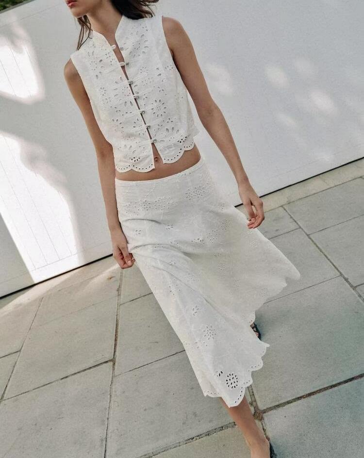 Women's Embroidered Rhinestone Top And Midi Skirt Set