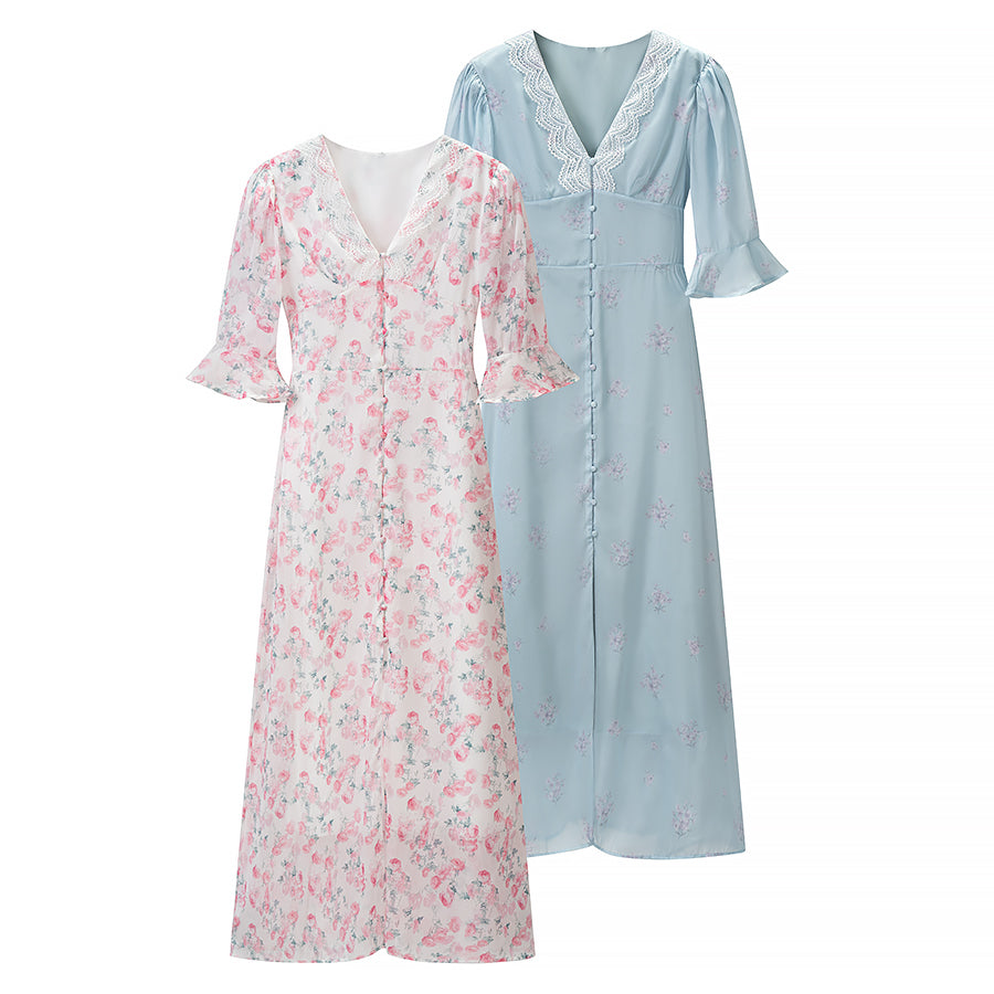 Women's Lace-Trim V-Neck Printed Dress