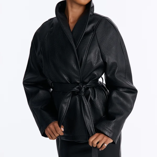 Belted Faux Leather Long Coat