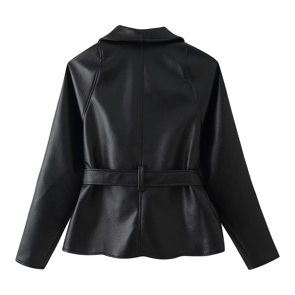 Belted Faux Leather Long Coat