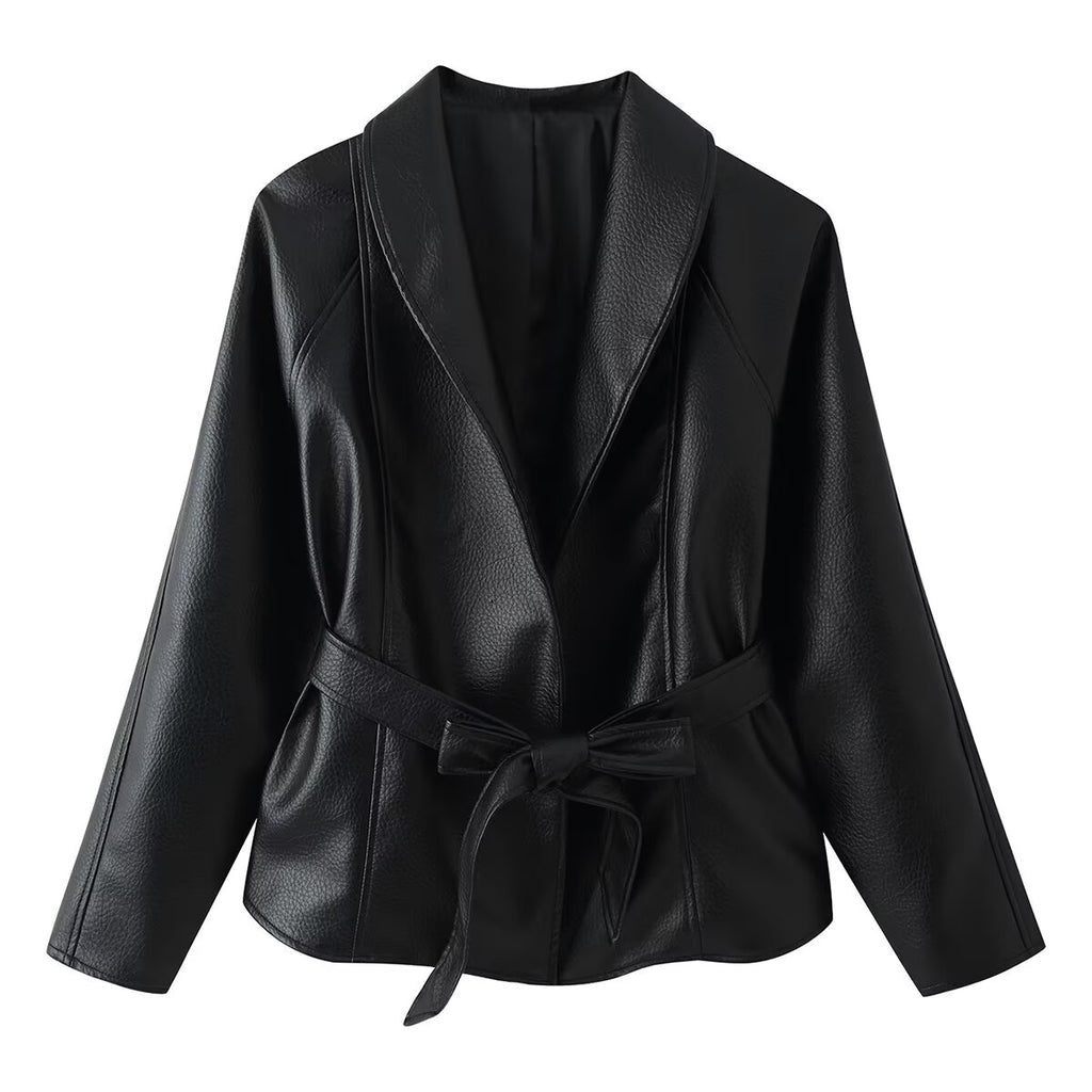 Belted Faux Leather Long Coat