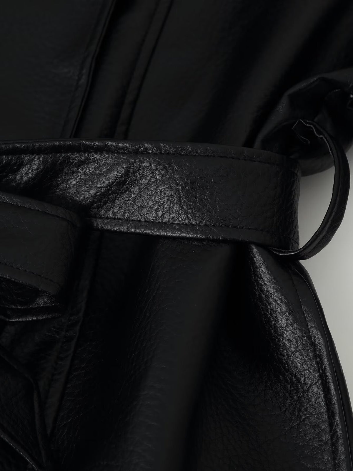 Belted Faux Leather Long Coat