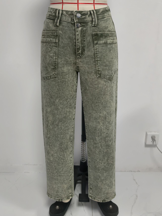 Women's Army Green High-Waist Straight-Leg Jeans