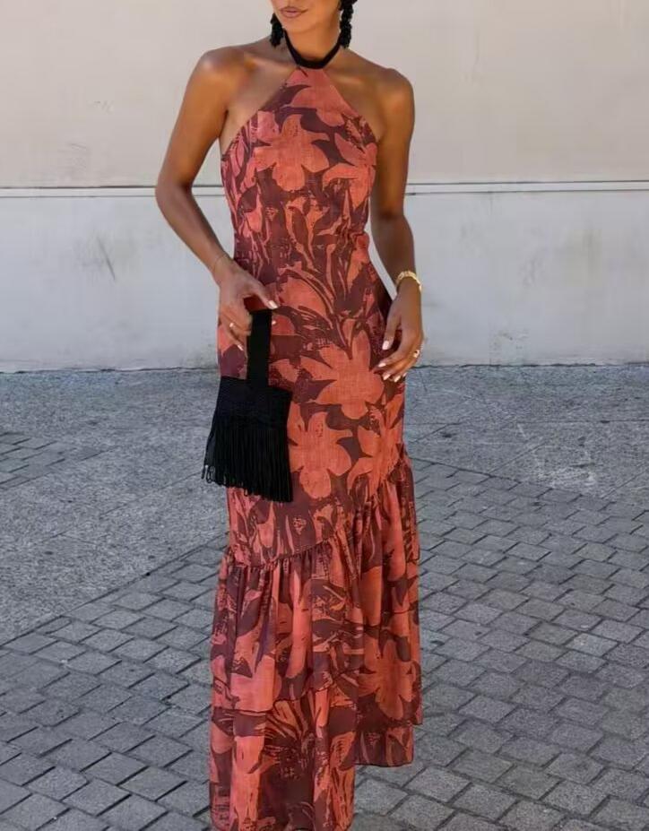 Red Floral Halter Ruched Dress