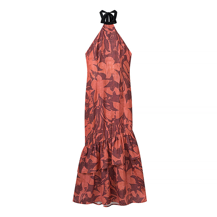 Red Floral Halter Ruched Dress
