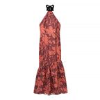 Red Floral Halter Ruched Dress