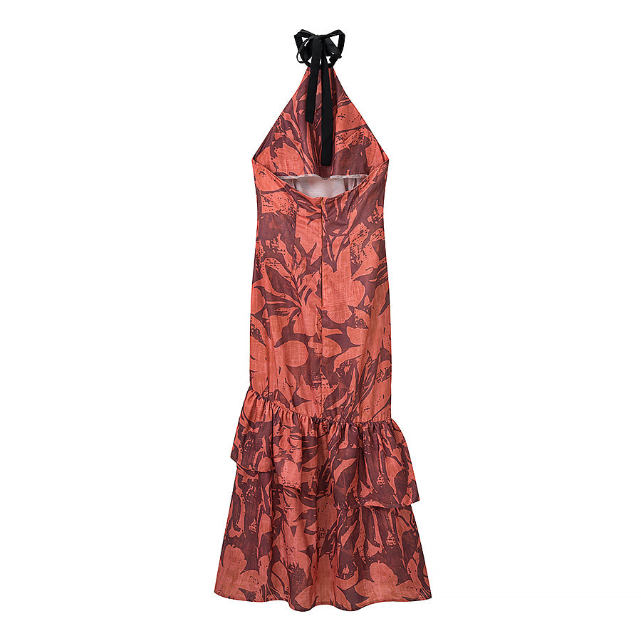 Red Floral Halter Ruched Dress