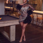 Black Rhinestone Sheer Long-Sleeve Dress