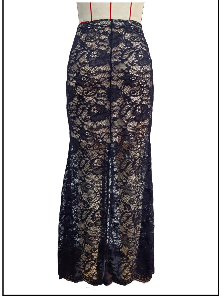 Women's Autumn Lace Slim Fit Slit Long Skirt Irregular Asymmetric Hem High Waist Skirt