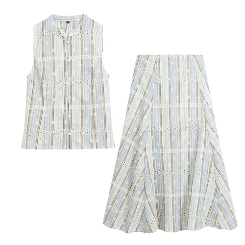 Women's Striped Embroidered Top & Skirt Set