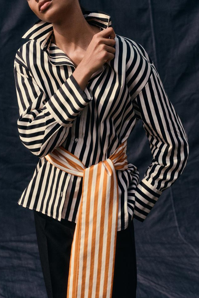 Belted Striped Collared Shirt
