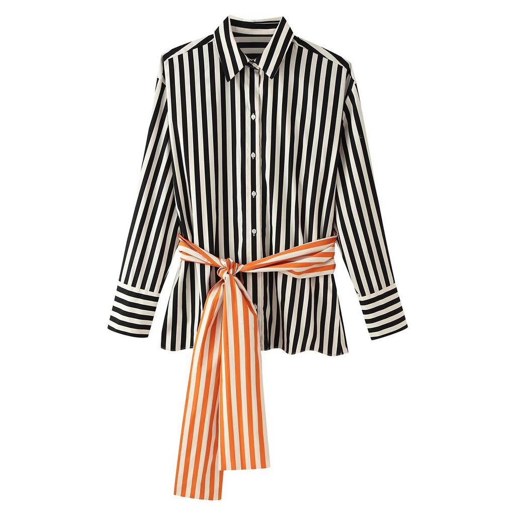 Belted Striped Collared Shirt