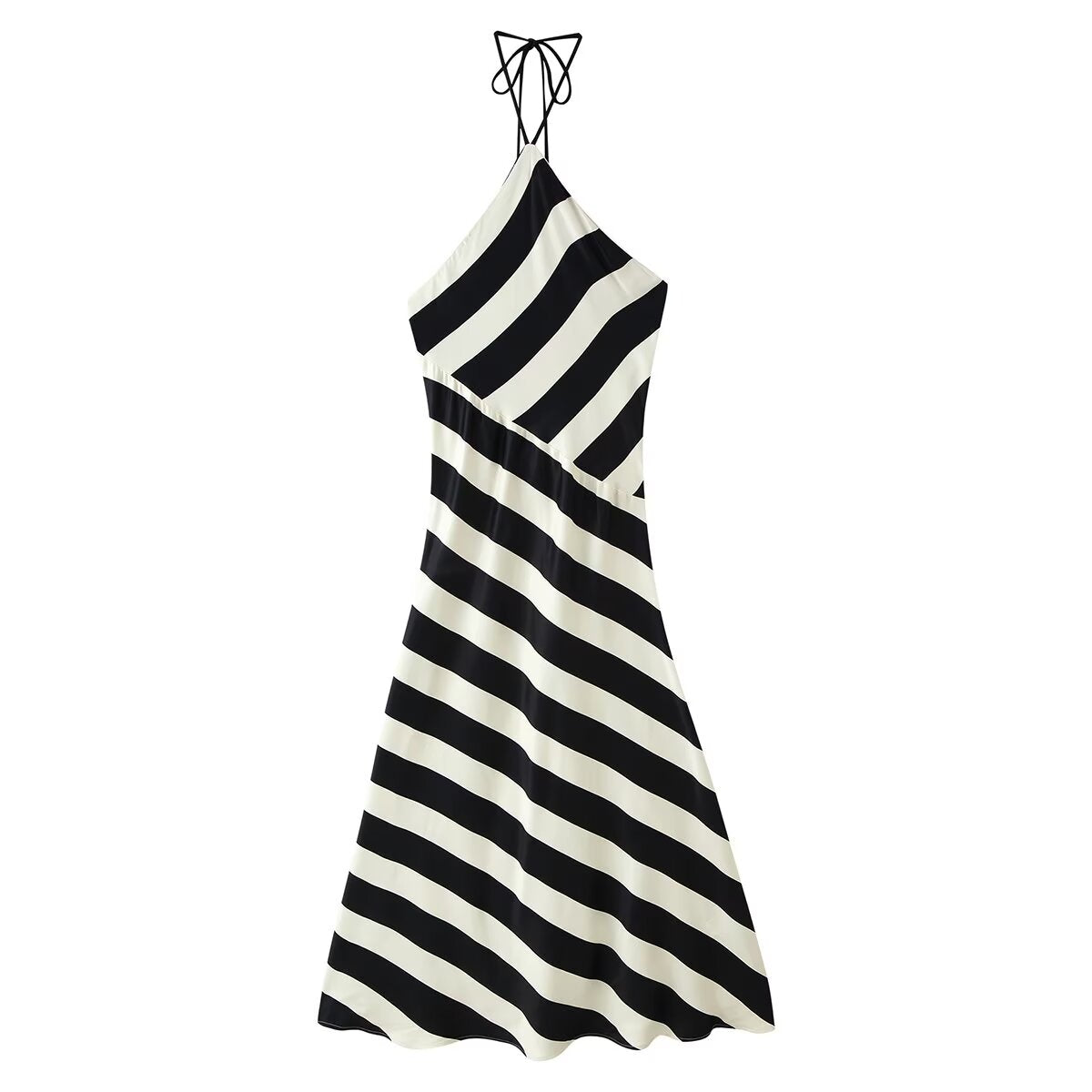 Women's Striped Halter Backless Midi Dress