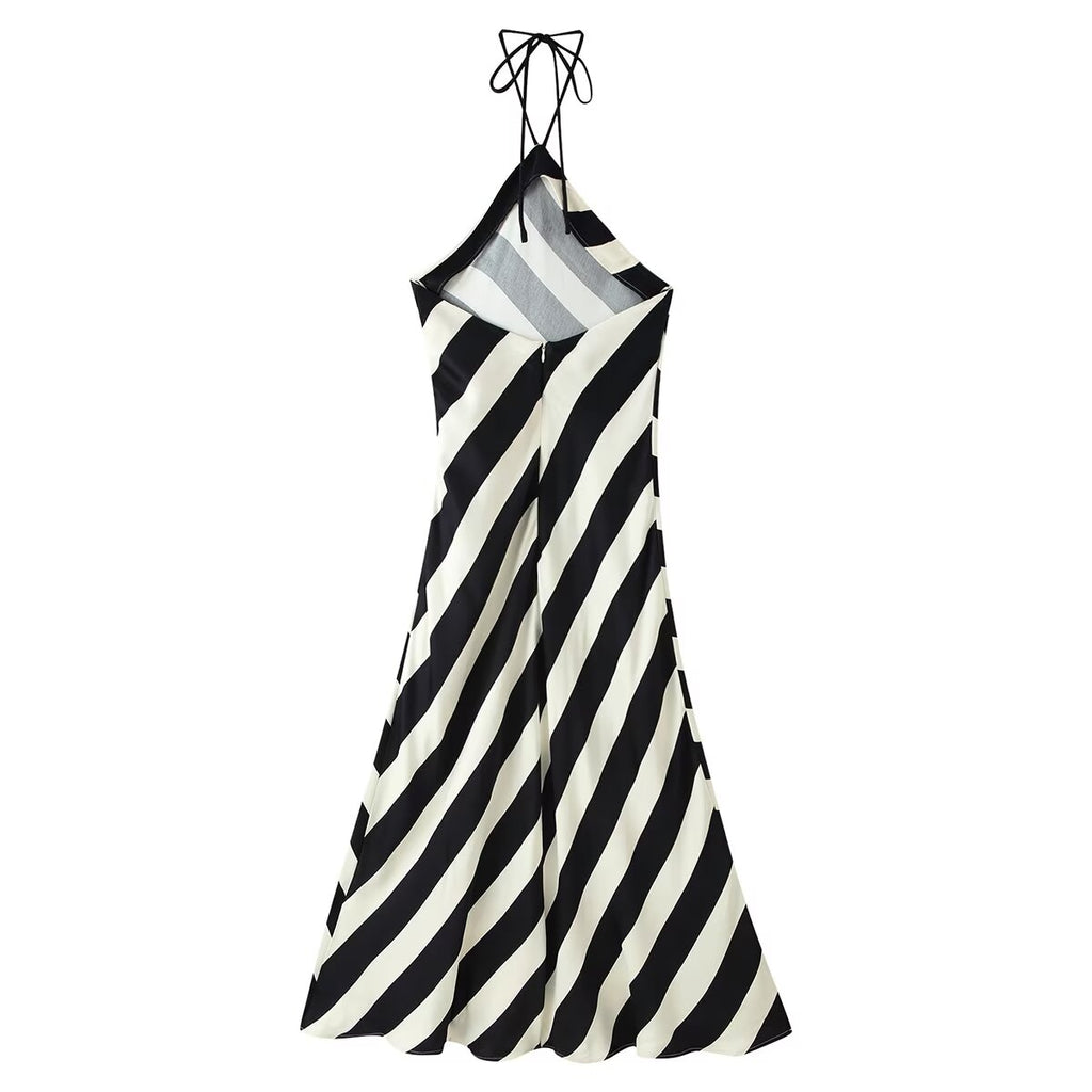 Women's Striped Halter Backless Midi Dress