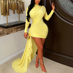 Sexy Solid Color Dinner Half High Collar Long Sleeves Pleated Side Gauze Dress