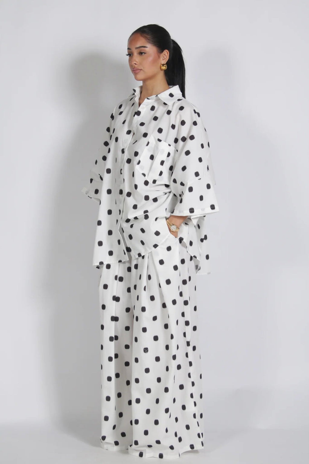 Autumn Women Clothing Retro Dots Loose Oversized Shirt Wide Leg Pants Two Piece Set
