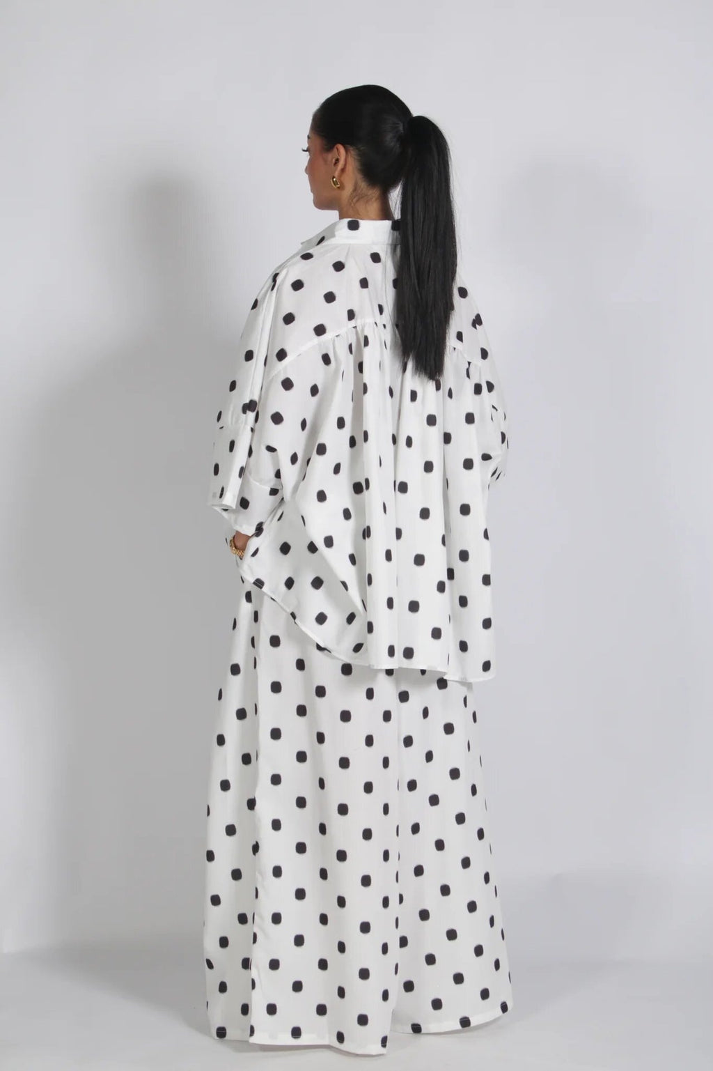 Autumn Women Clothing Retro Dots Loose Oversized Shirt Wide Leg Pants Two Piece Set