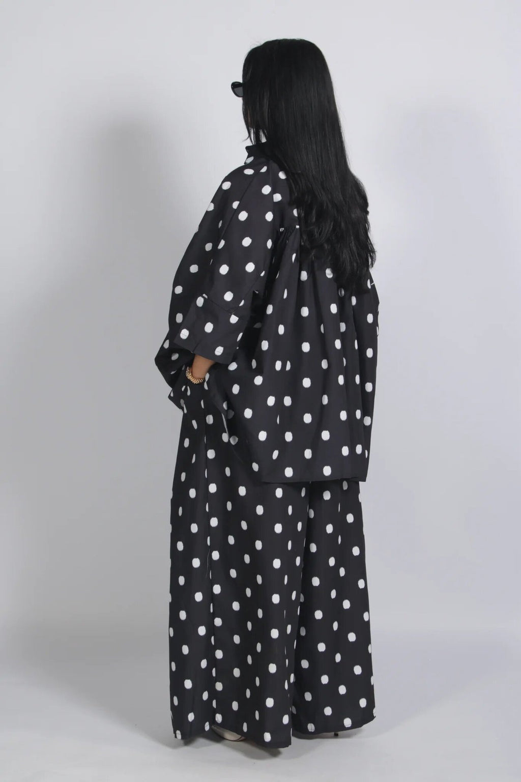 Autumn Women Clothing Retro Dots Loose Oversized Shirt Wide Leg Pants Two Piece Set