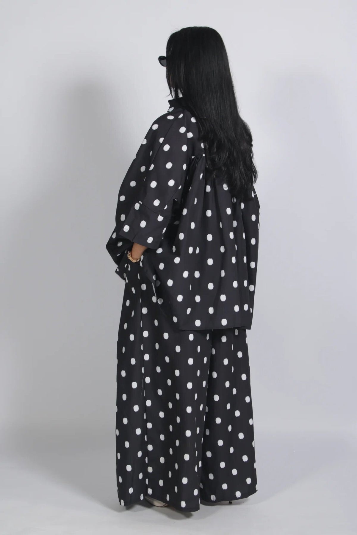 Autumn Women Clothing Retro Dots Loose Oversized Shirt Wide Leg Pants Two Piece Set