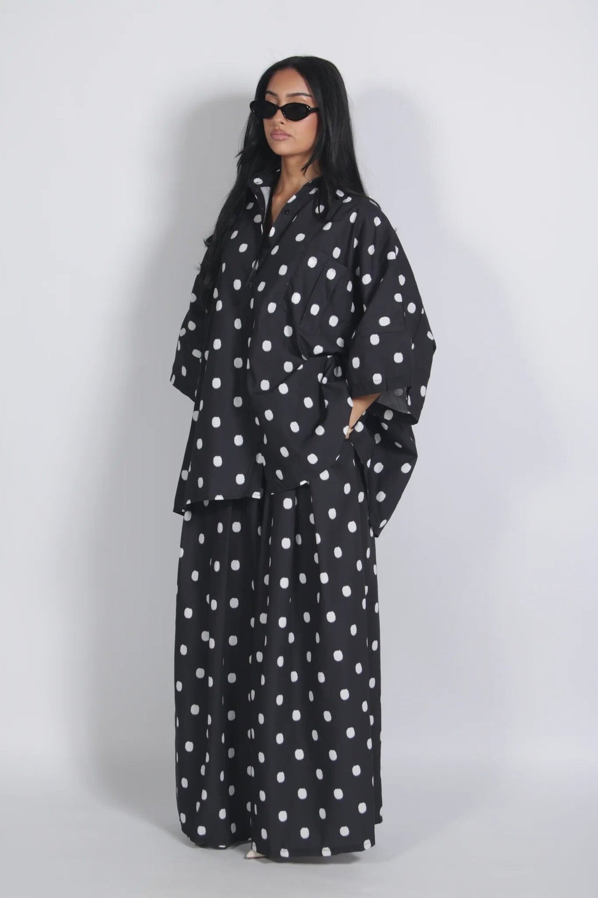Autumn Women Clothing Retro Dots Loose Oversized Shirt Wide Leg Pants Two Piece Set