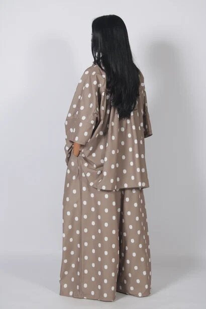 Autumn Women Clothing Retro Dots Loose Oversized Shirt Wide Leg Pants Two Piece Set