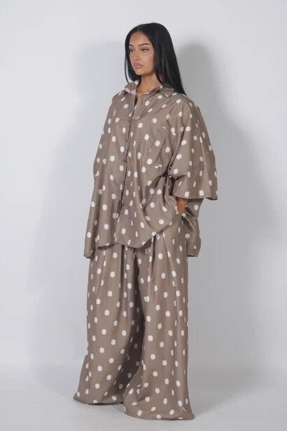 Autumn Women Clothing Retro Dots Loose Oversized Shirt Wide Leg Pants Two Piece Set