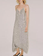 Silver Beaded Backless V-Neck Dress