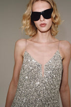 Silver Beaded Backless V-Neck Dress