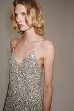 Silver Beaded Backless V-Neck Dress