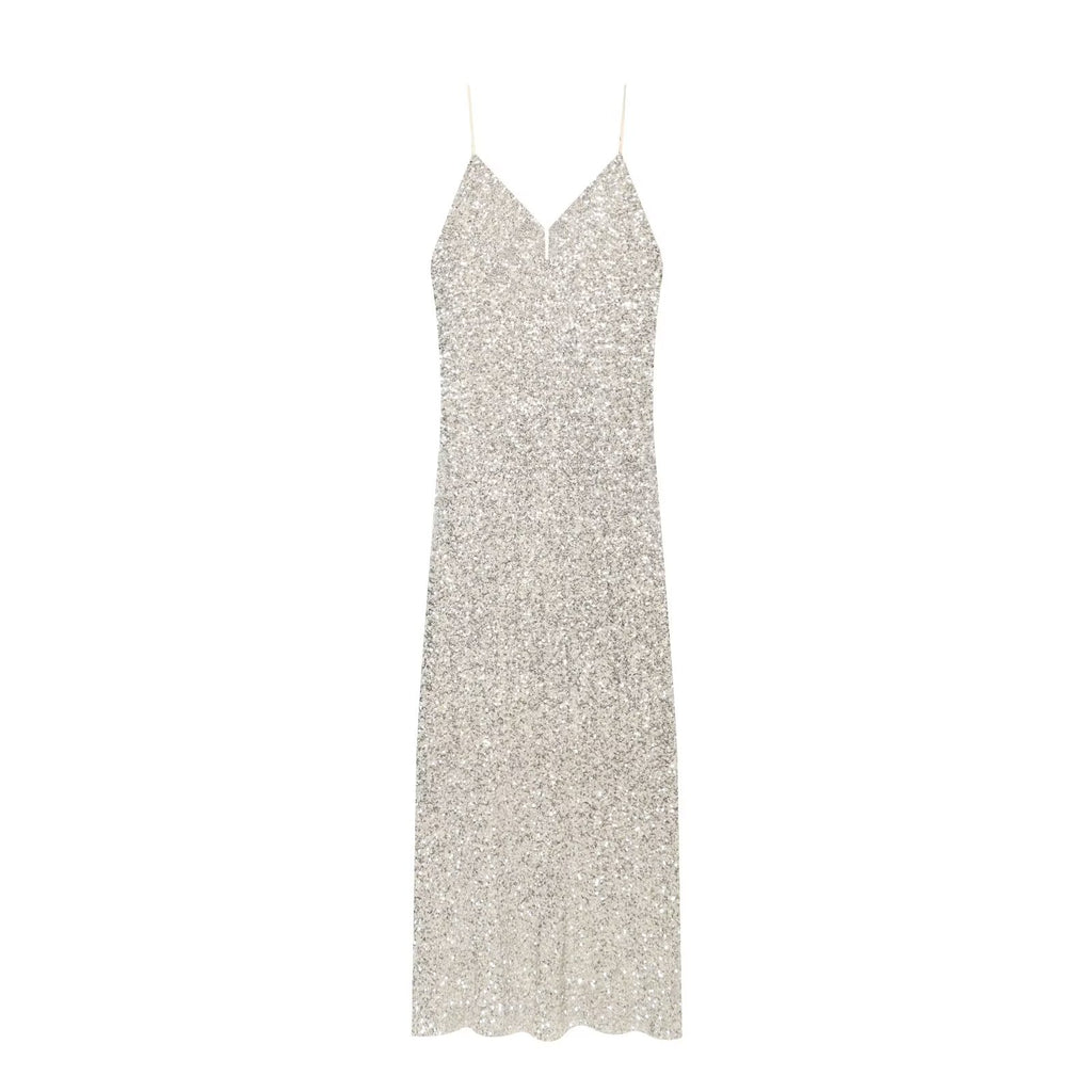 Silver Beaded Backless V-Neck Dress