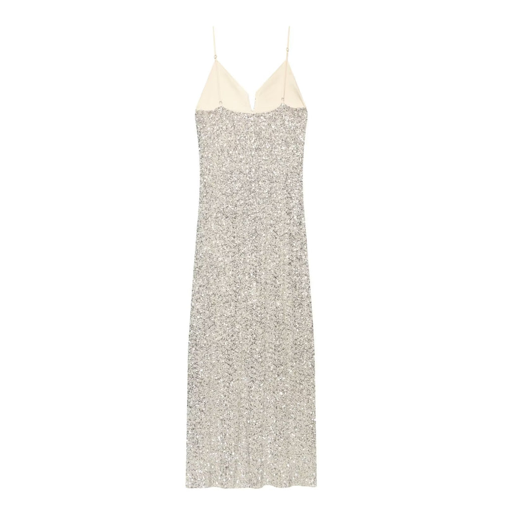 Silver Beaded Backless V-Neck Dress