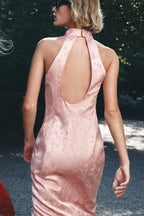 Pink Floral Jacquard Backless Midi Dress