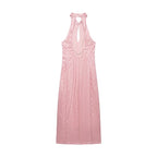Pink Floral Jacquard Backless Midi Dress