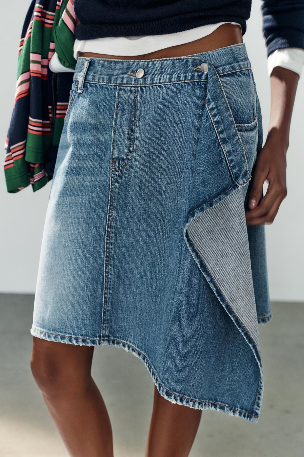 Asymmetric Denim Midi Skirt