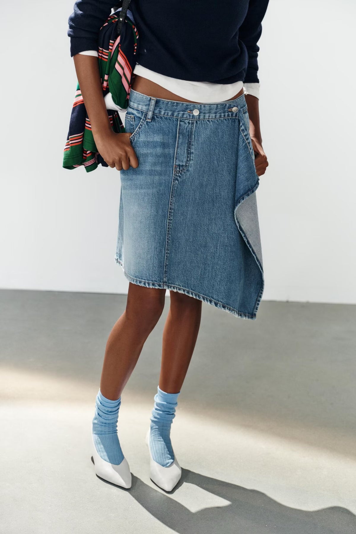 Asymmetric Denim Midi Skirt