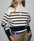 Striped High-Neck Zip Knit Sweater