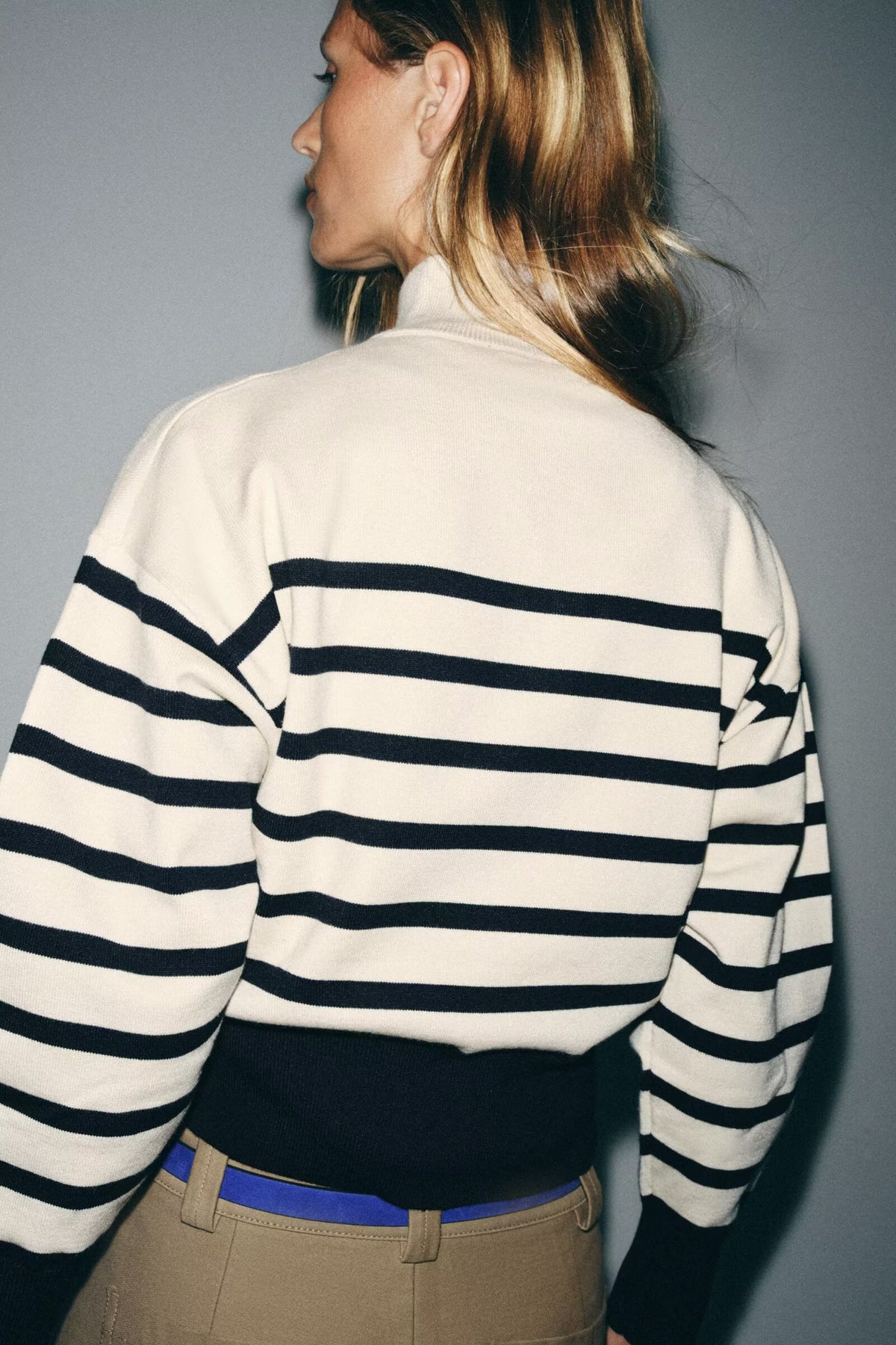 Striped High-Neck Zip Knit Sweater