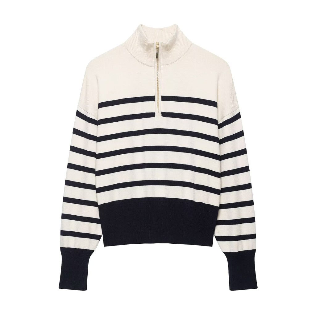 Striped High-Neck Zip Knit Sweater